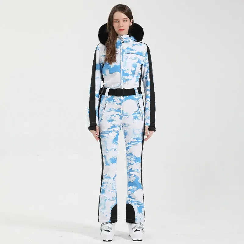 Unique Printed One-piece Ski Rompers Fur Hooded Snowsuits