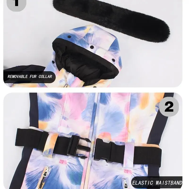 Unique Printed One-piece Ski Rompers Fur Hooded Snowsuits