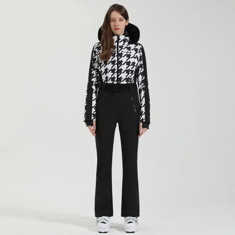 Unique Printed One-piece Ski Rompers Fur Hooded Snowsuits