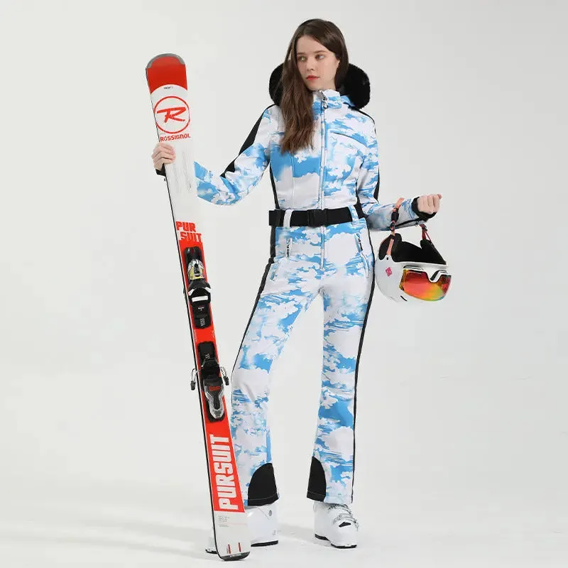 Unique Printed One-piece Ski Rompers Fur Hooded Snowsuits