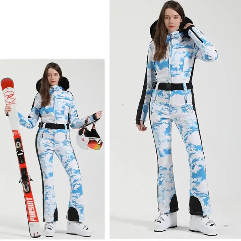 Unique Printed One-piece Ski Rompers Fur Hooded Snowsuits