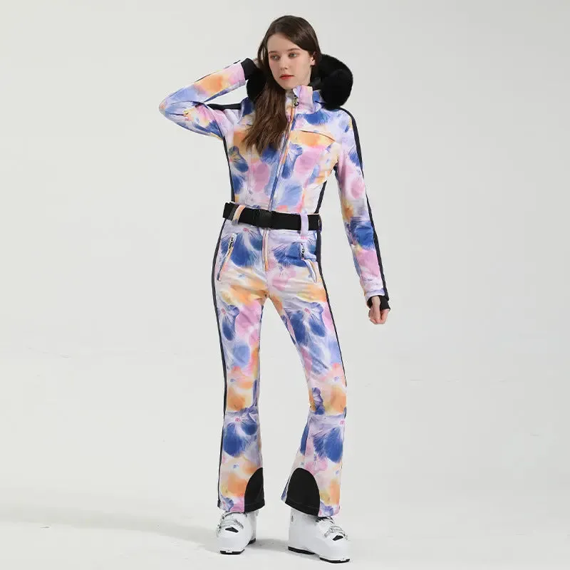 Unique Printed One-piece Ski Rompers Fur Hooded Snowsuits