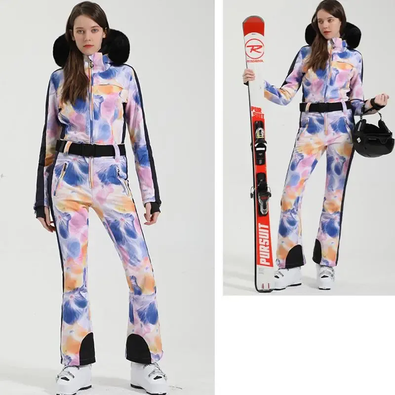 Unique Printed One-piece Ski Rompers Fur Hooded Snowsuits