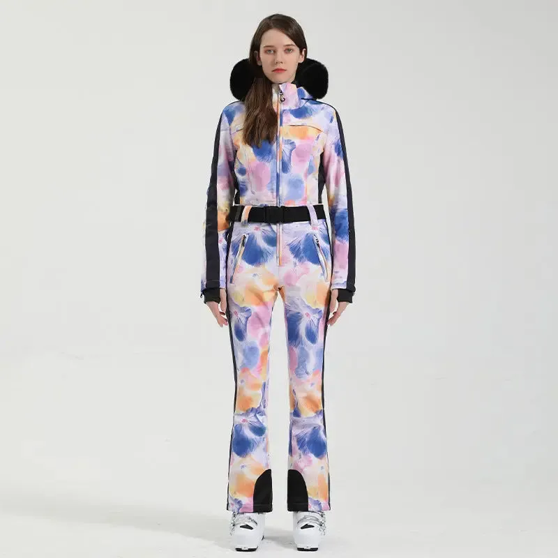 Unique Printed One-piece Ski Rompers Fur Hooded Snowsuits