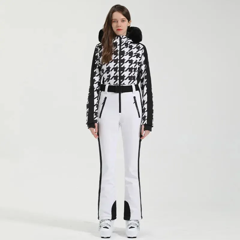 Unique Printed One-piece Ski Rompers Fur Hooded Snowsuits