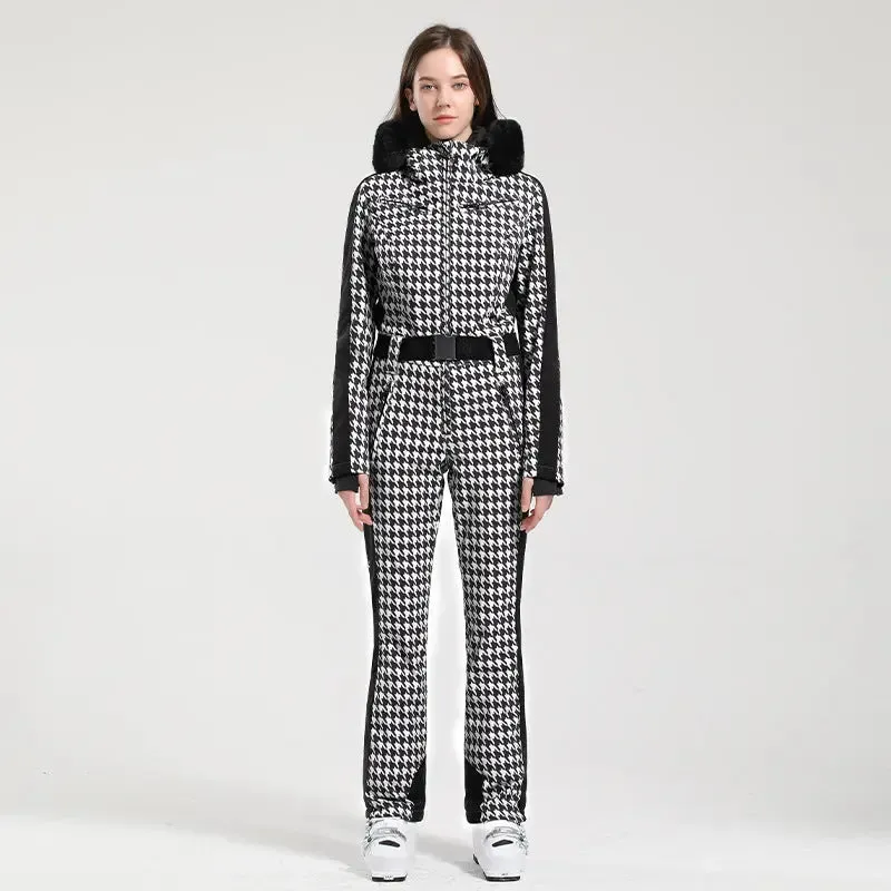 Unique Printed One-piece Ski Rompers Fur Hooded Snowsuits