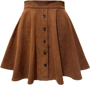 Women Button Front Mini Skirt A-Line Pleated Corduroy Flowy Swing Skirts Women High Waist Summer Vintage Casual Skirt