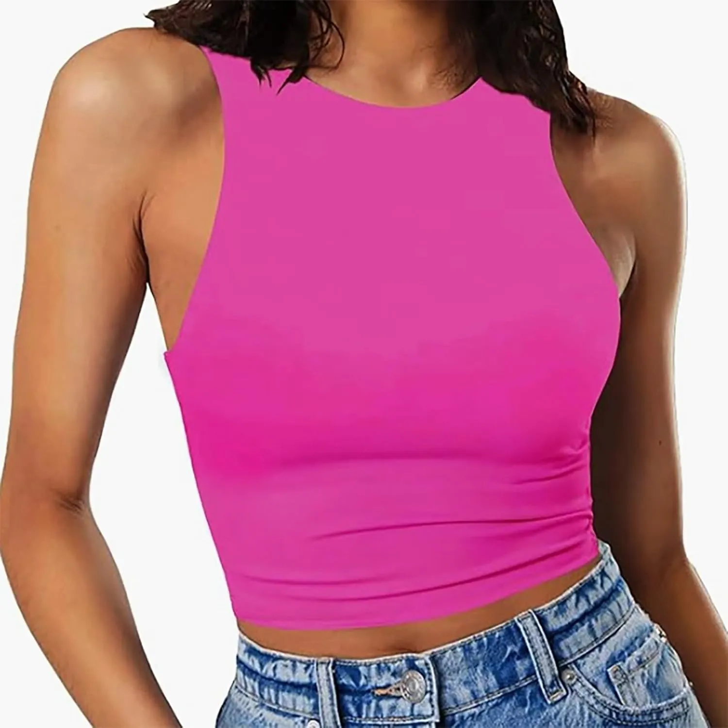 Women Casual Crop Tank Tops Sexy Open Back Sleeveless Crop Vests Scoop Neck Slimming Tanks Summer Blouse