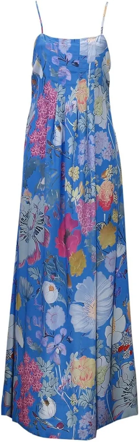 Women Floral Maxi Dress Sexy Sleeveless Backless Summer Flowy Long Dress Spaghetti Strap A-Line Back Cut Out Sundress