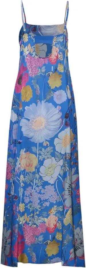 Women Floral Maxi Dress Sexy Sleeveless Backless Summer Flowy Long Dress Spaghetti Strap A-Line Back Cut Out Sundress