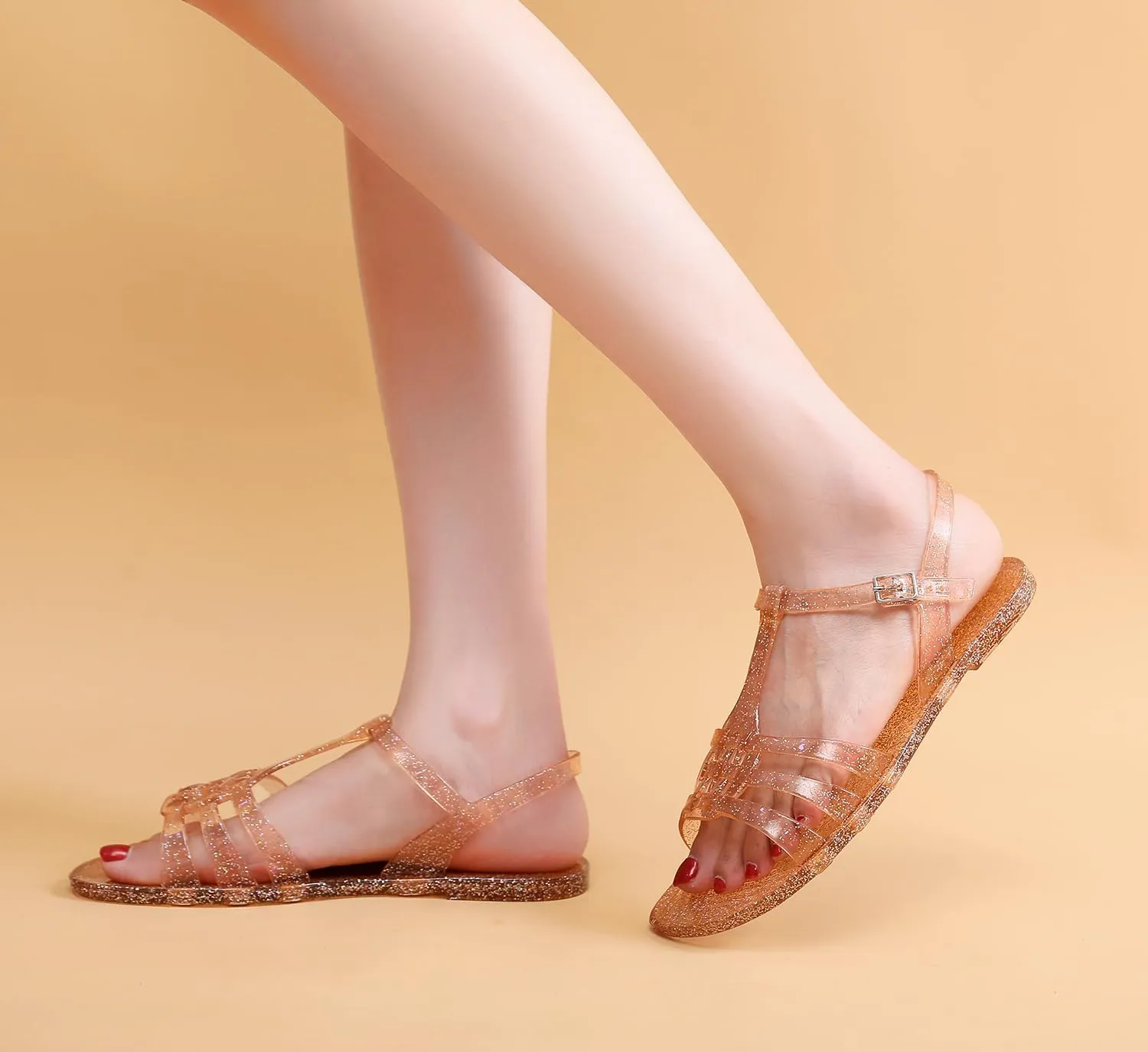 Women Sandals Jelly Shoes Flats Size 9 Beige T-Strap Crystal Jellies Slides Clear Rain Slippers Glitter Summer Beach Retro