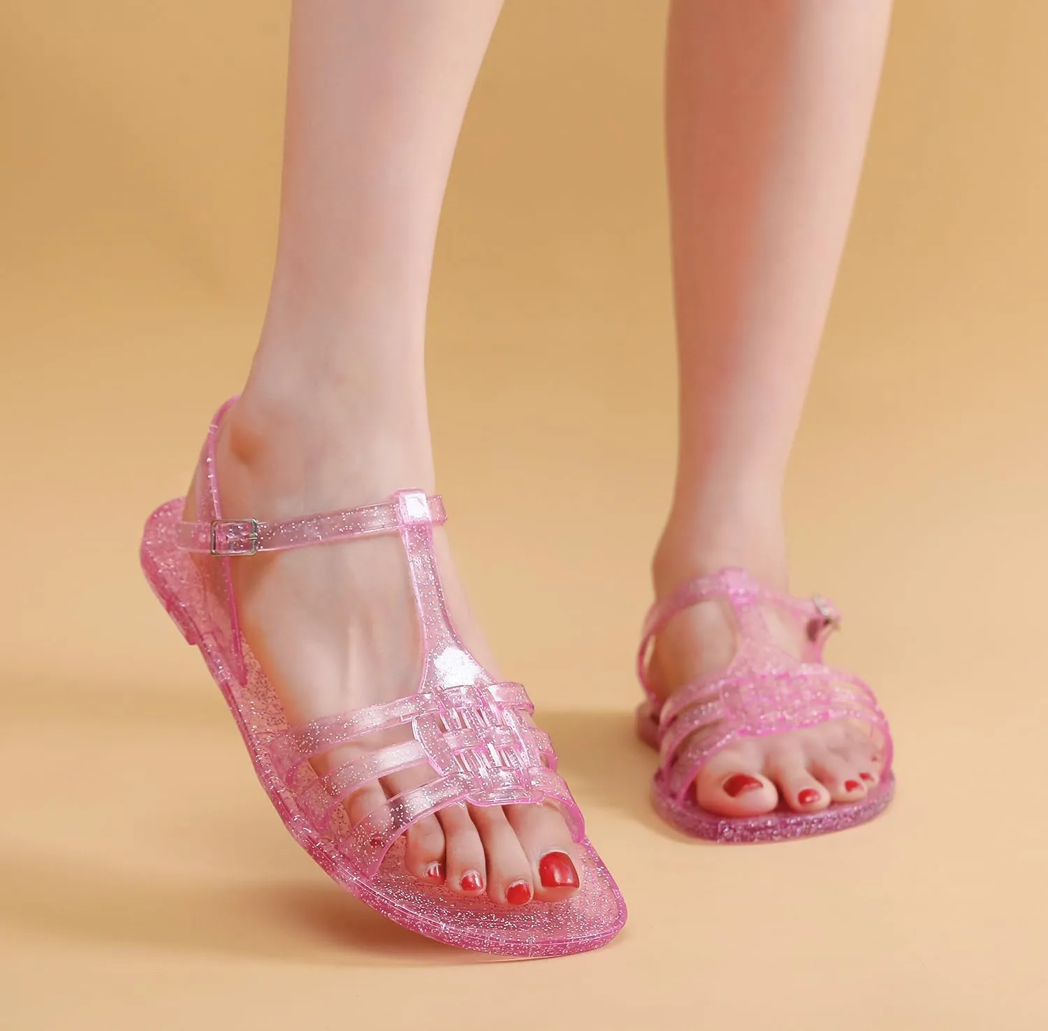 Women Sandals Jelly Shoes Flats Size 9 Beige T-Strap Crystal Jellies Slides Clear Rain Slippers Glitter Summer Beach Retro