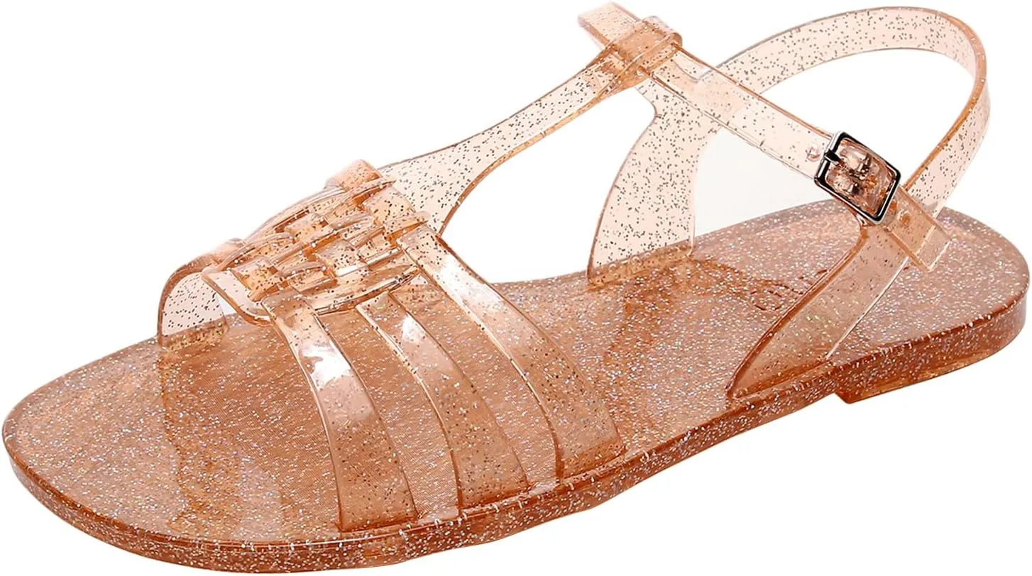 Women Sandals Jelly Shoes Flats Size 9 Beige T-Strap Crystal Jellies Slides Clear Rain Slippers Glitter Summer Beach Retro