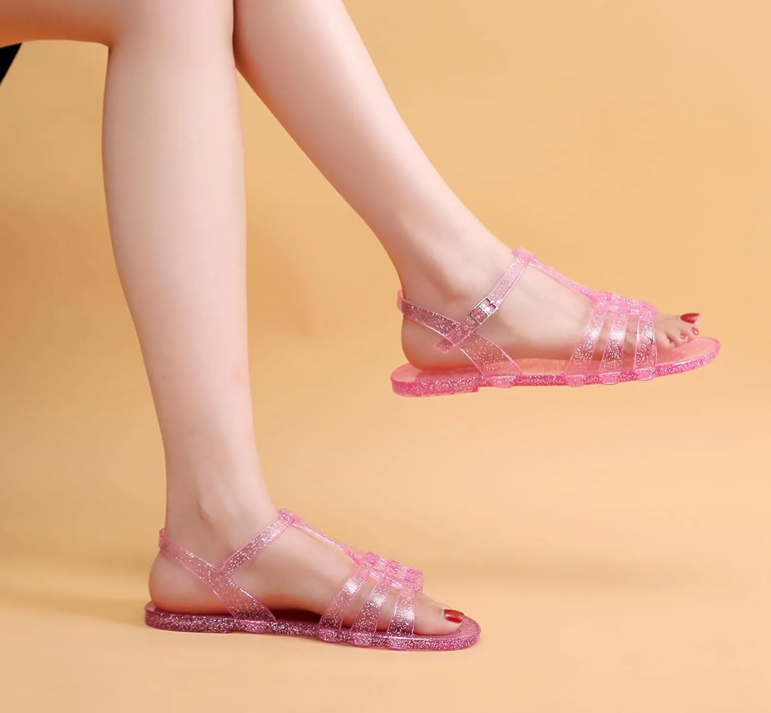 Women Sandals Jelly Shoes Flats Size 9 Beige T-Strap Crystal Jellies Slides Clear Rain Slippers Glitter Summer Beach Retro