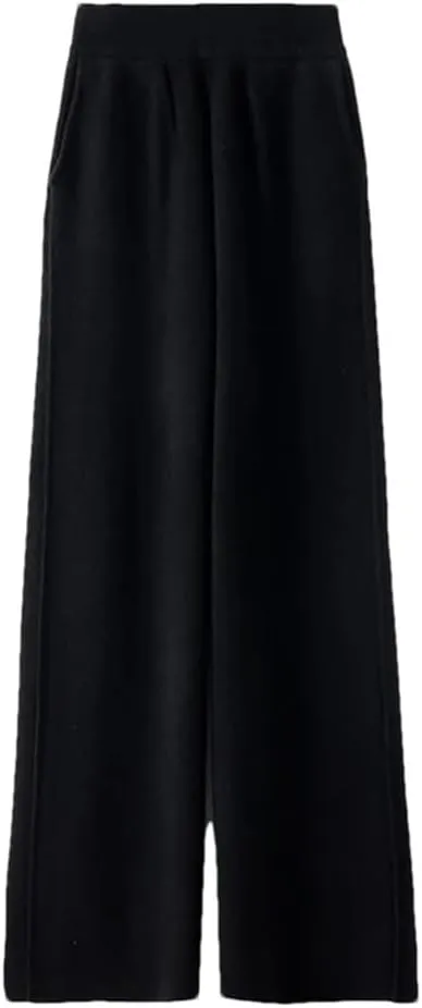 Women's 100% Wool Wide-Leg Pants Winter Mid-Waist Knit Straight-Leg Trousers Elastic Waist