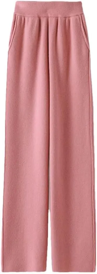 Women's 100% Wool Wide-Leg Pants Winter Mid-Waist Knit Straight-Leg Trousers Elastic Waist