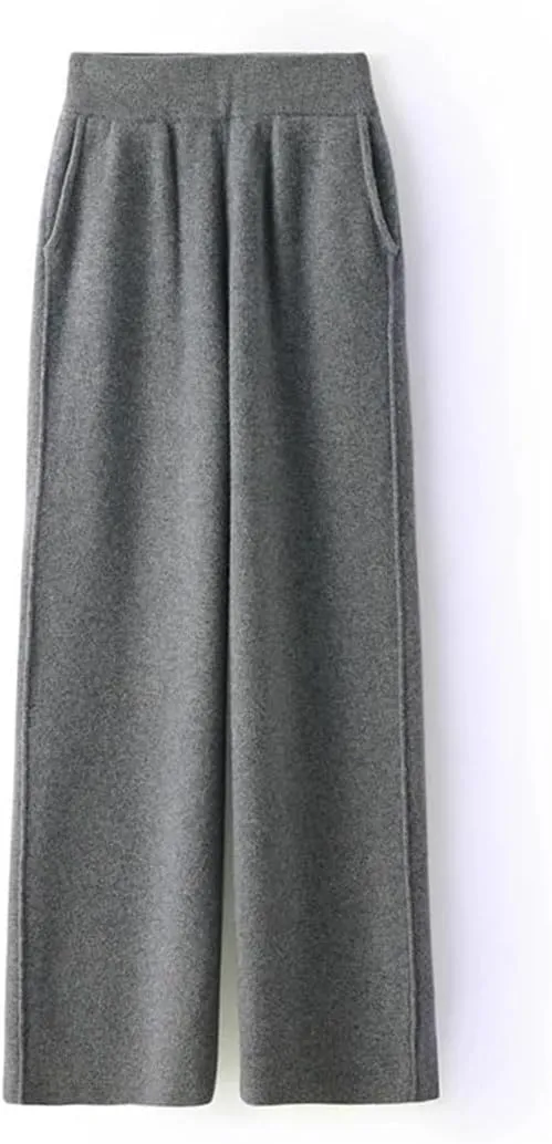 Women's 100% Wool Wide-Leg Pants Winter Mid-Waist Knit Straight-Leg Trousers Elastic Waist