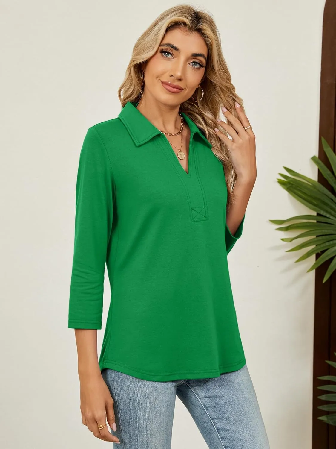Women's 3/4 Length Sleeve V-Neck Collared Tops Summer Business Casual Work Polo Shirts Fashion Outfits 2025