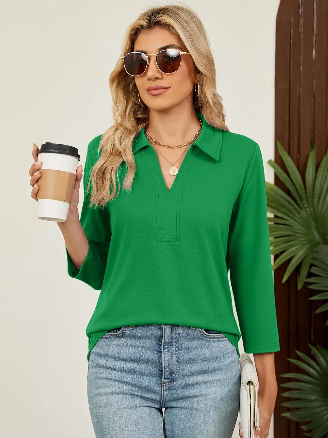 Women's 3/4 Length Sleeve V-Neck Collared Tops Summer Business Casual Work Polo Shirts Fashion Outfits 2025