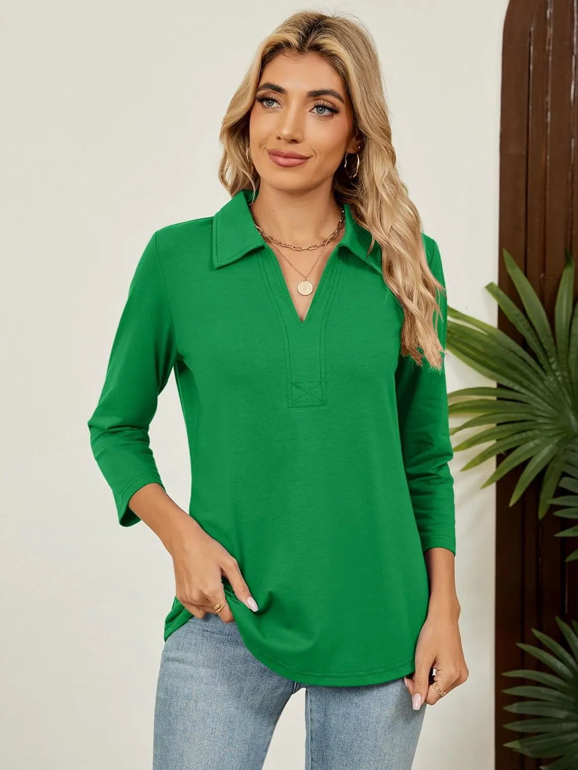 Women's 3/4 Length Sleeve V-Neck Collared Tops Summer Business Casual Work Polo Shirts Fashion Outfits 2025
