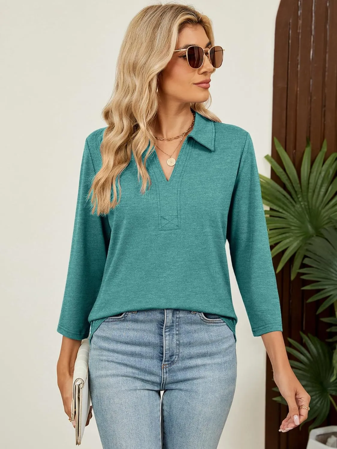 Women's 3/4 Length Sleeve V-Neck Collared Tops Summer Business Casual Work Polo Shirts Fashion Outfits 2025