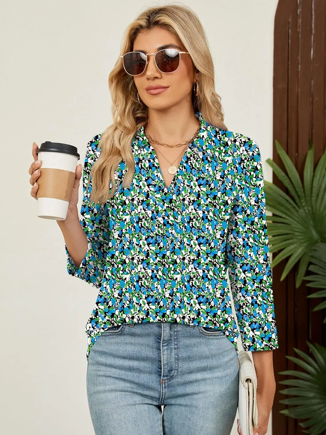 Women's 3/4 Length Sleeve V-Neck Collared Tops Summer Business Casual Work Polo Shirts Fashion Outfits 2025