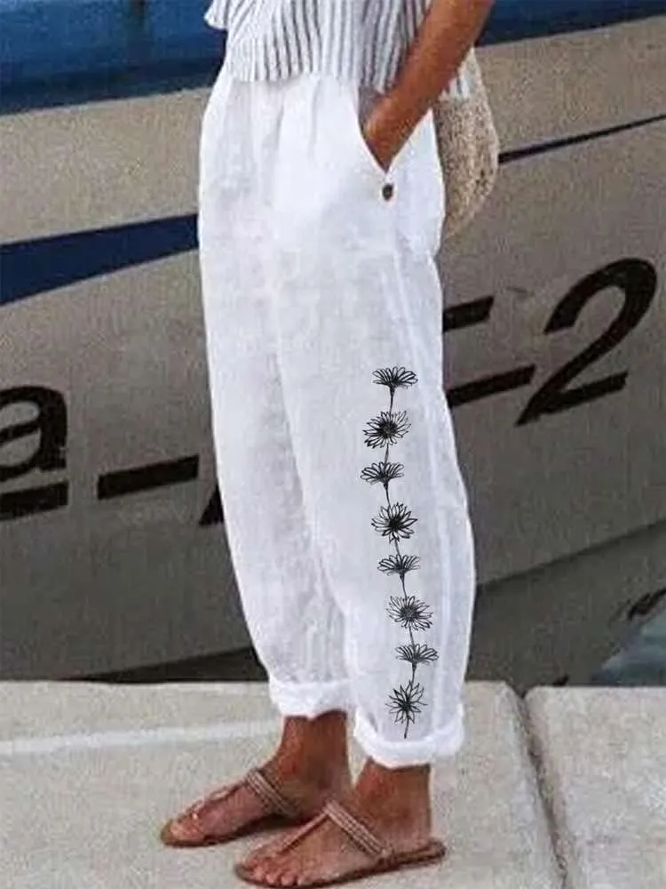 Women's Boho Floral Cotton Linen Casual Loose Pants Summer High Waist Baggy Beach Vacation Trousers with Pockets