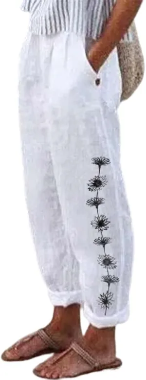 Women's Boho Floral Cotton Linen Casual Loose Pants Summer High Waist Baggy Beach Vacation Trousers with Pockets