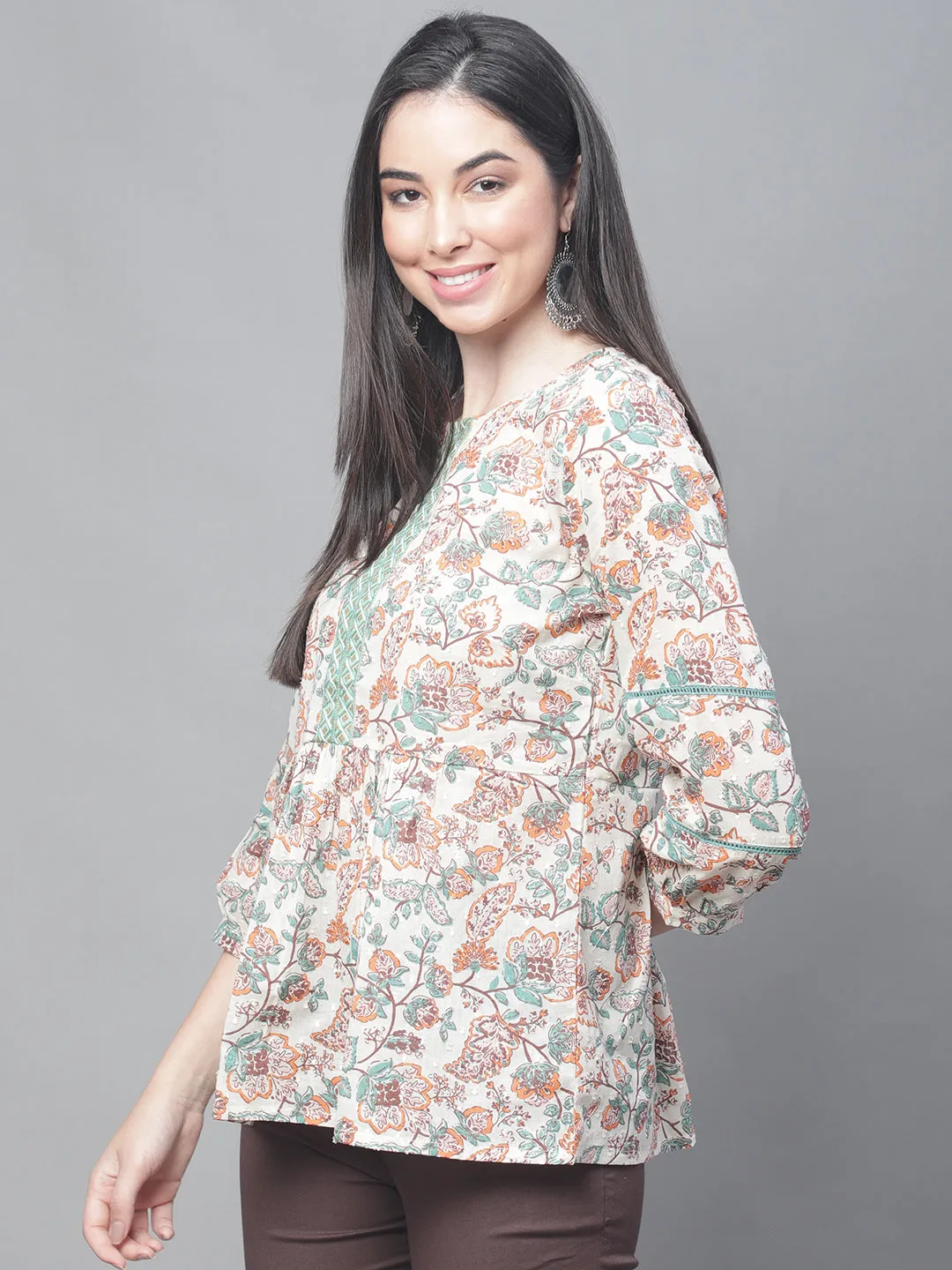 Women's Casual  Offwhite Floral Print Round neck with Keyhole Tunic