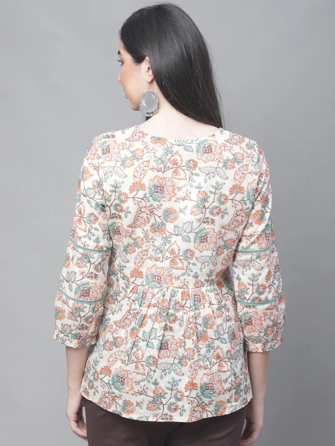 Women's Casual  Offwhite Floral Print Round neck with Keyhole Tunic