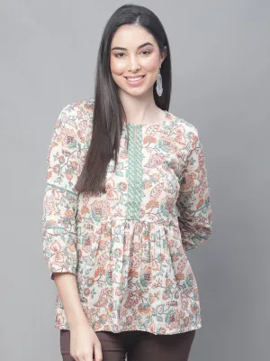 Women's Casual  Offwhite Floral Print Round neck with Keyhole Tunic