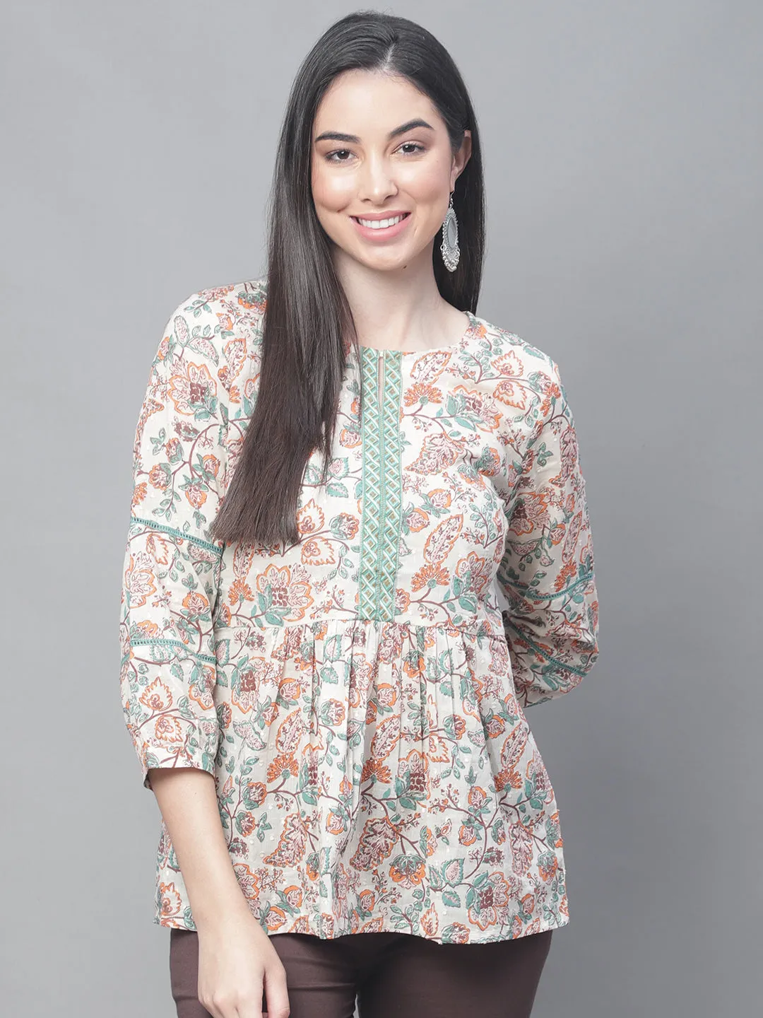Women's Casual  Offwhite Floral Print Round neck with Keyhole Tunic