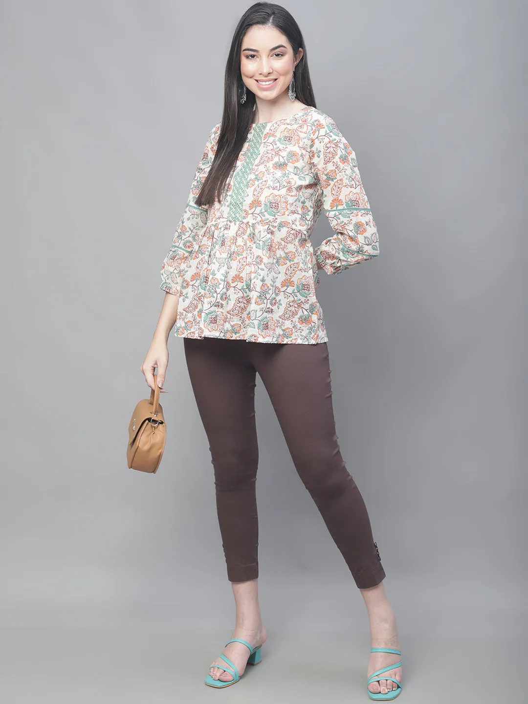 Women's Casual  Offwhite Floral Print Round neck with Keyhole Tunic