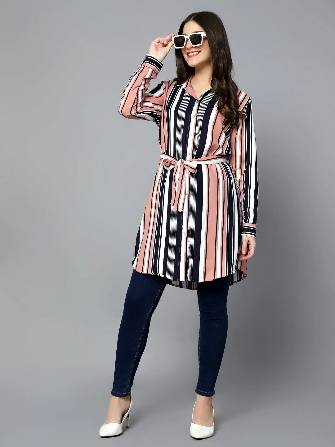 Women's Casual  Peach Stripe Print Spread Collar Tunic
