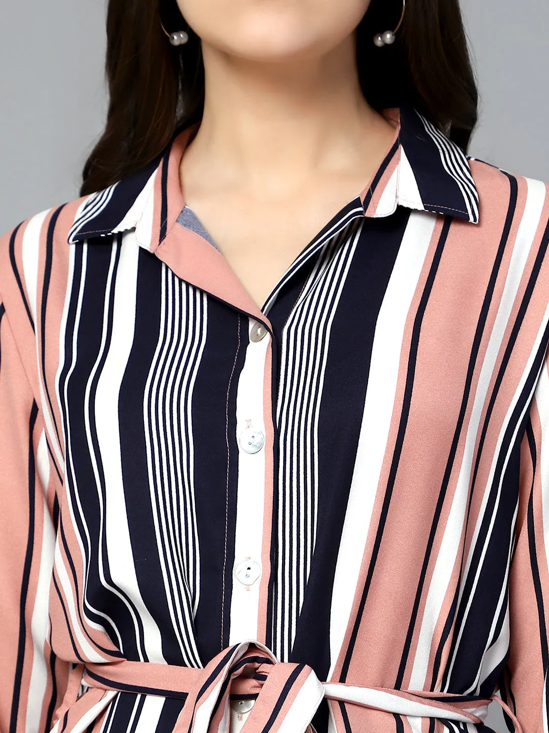 Women's Casual  Peach Stripe Print Spread Collar Tunic