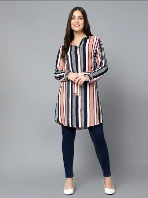 Women's Casual  Peach Stripe Print Spread Collar Tunic