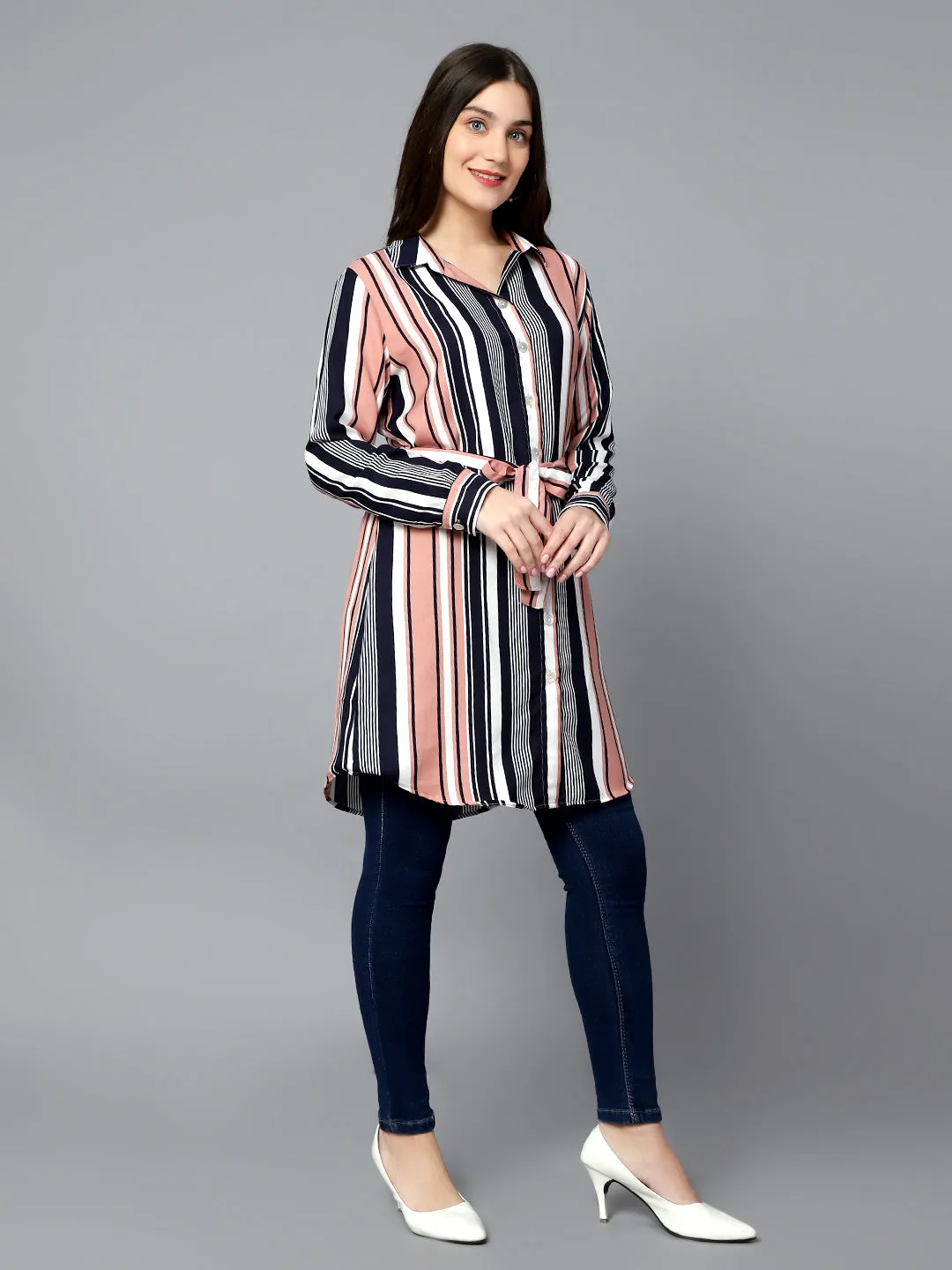 Women's Casual  Peach Stripe Print Spread Collar Tunic