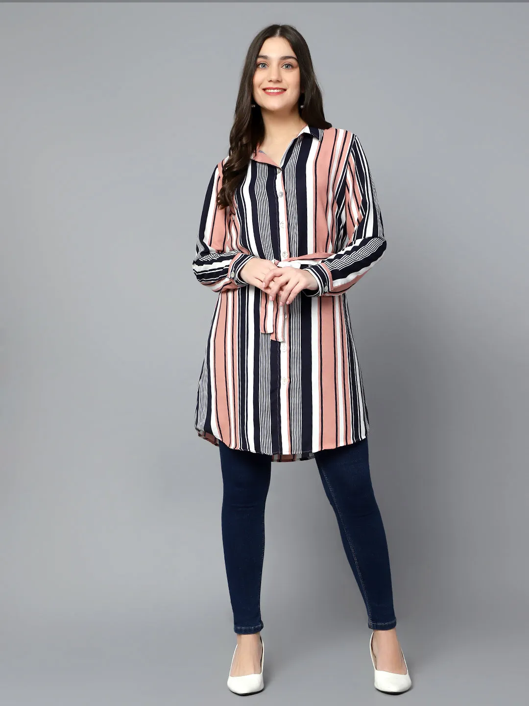 Women's Casual  Peach Stripe Print Spread Collar Tunic