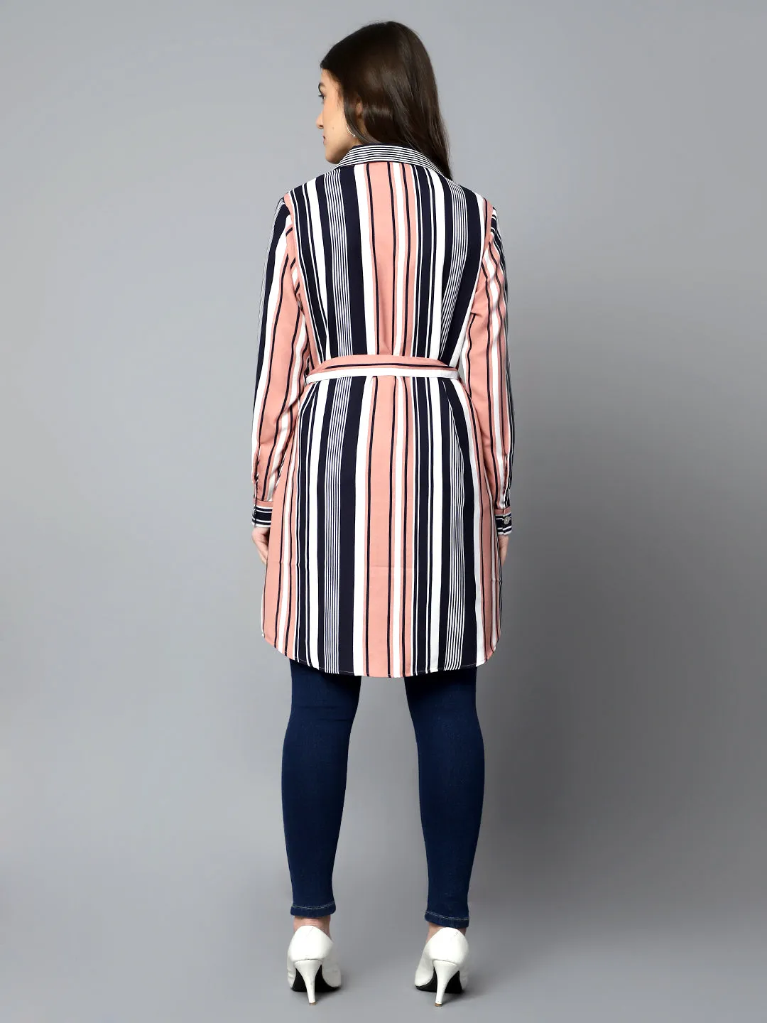 Women's Casual  Peach Stripe Print Spread Collar Tunic