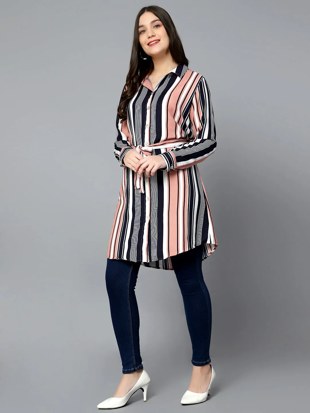 Women's Casual  Peach Stripe Print Spread Collar Tunic