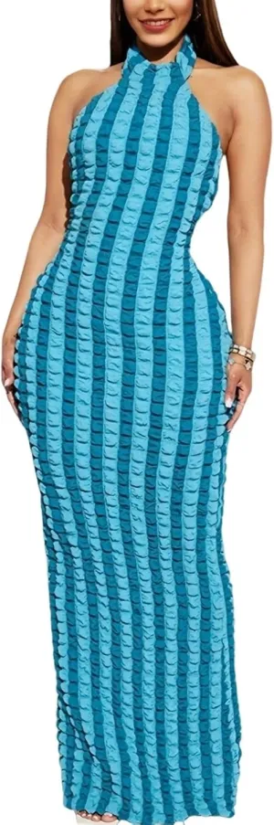 Womens Casual Sexy Halter Sleeveless Sundresses Bubble Textured Backless Prom Cocktail Maxi Dresses