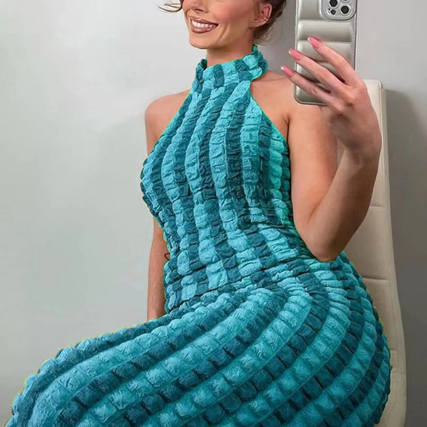 Womens Casual Sexy Halter Sleeveless Sundresses Bubble Textured Backless Prom Cocktail Maxi Dresses