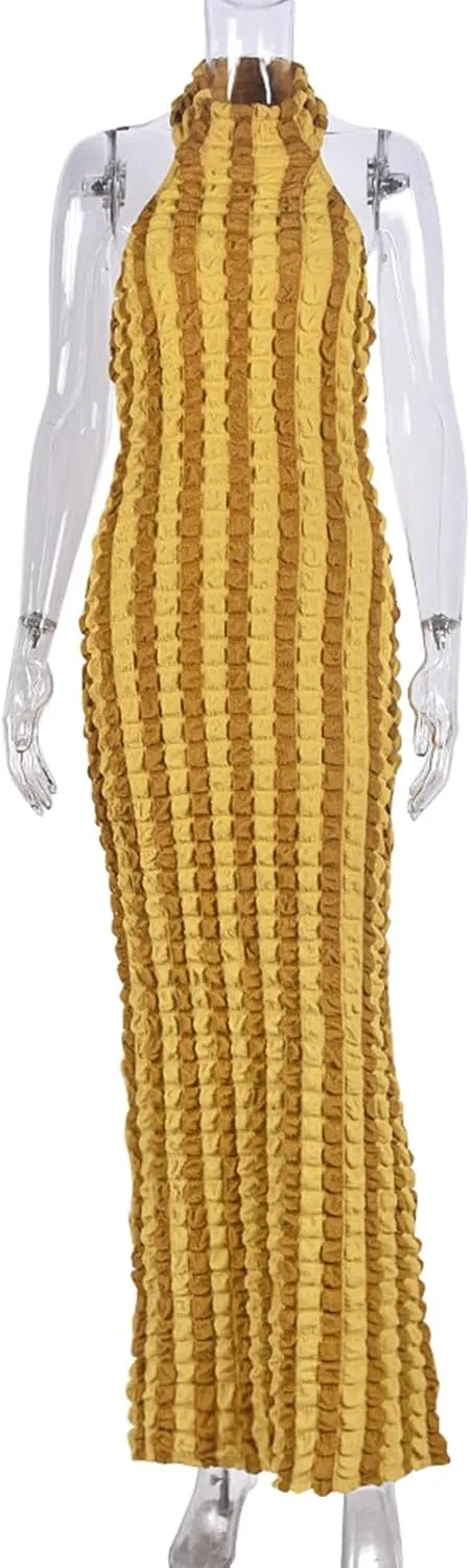 Womens Casual Sexy Halter Sleeveless Sundresses Bubble Textured Backless Prom Cocktail Maxi Dresses