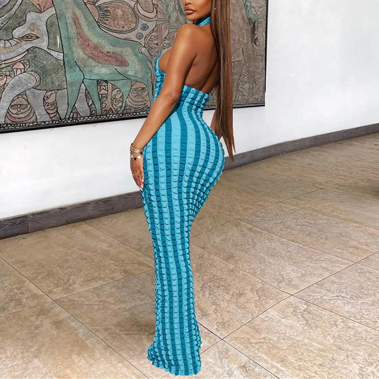Womens Casual Sexy Halter Sleeveless Sundresses Bubble Textured Backless Prom Cocktail Maxi Dresses