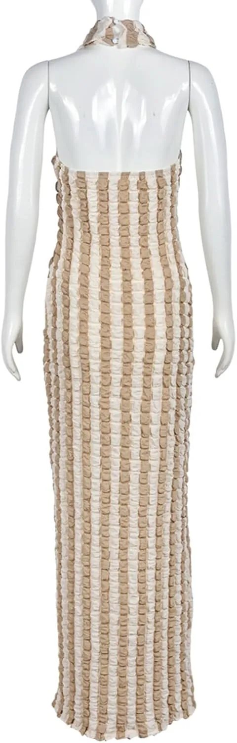 Womens Casual Sexy Halter Sleeveless Sundresses Bubble Textured Backless Prom Cocktail Maxi Dresses