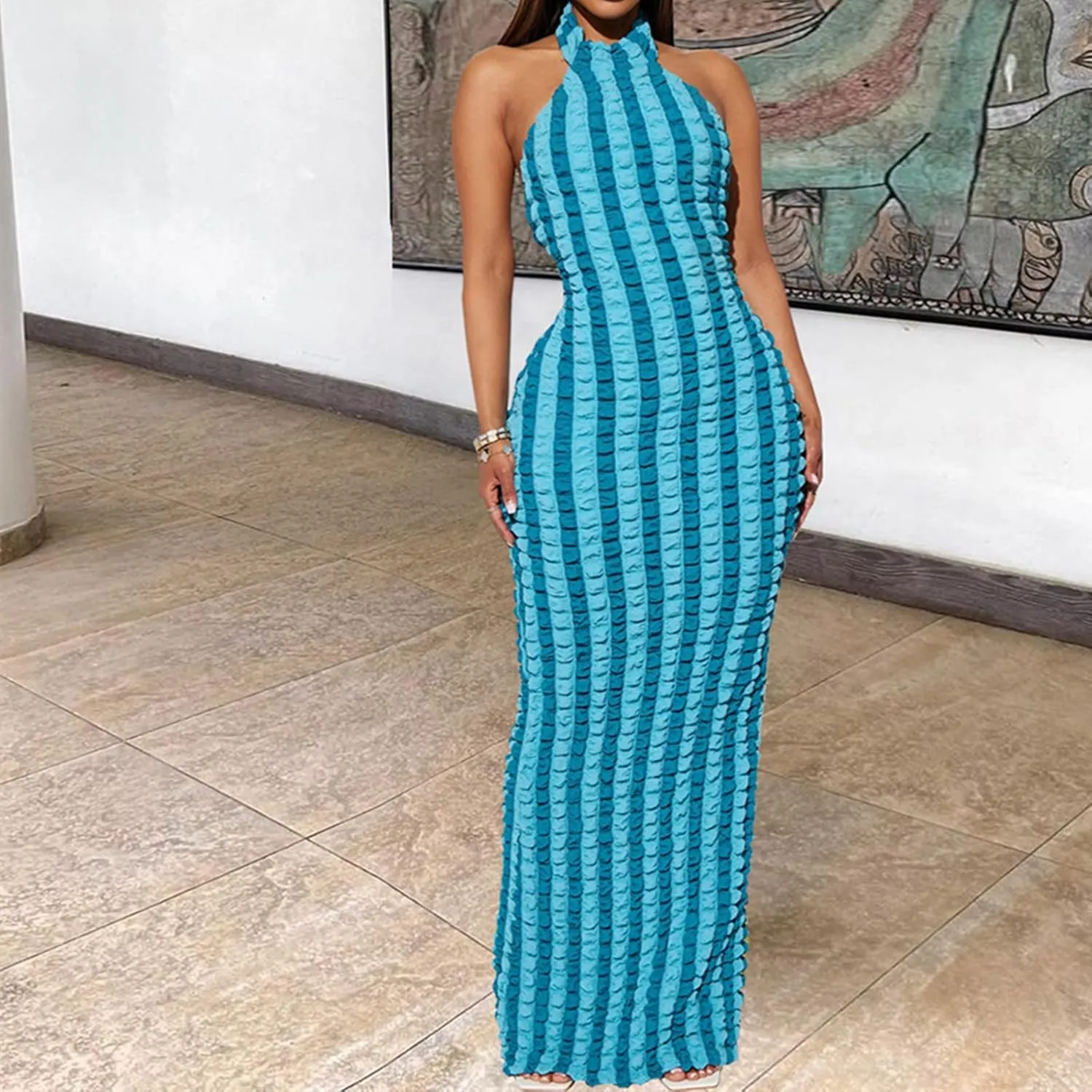 Womens Casual Sexy Halter Sleeveless Sundresses Bubble Textured Backless Prom Cocktail Maxi Dresses
