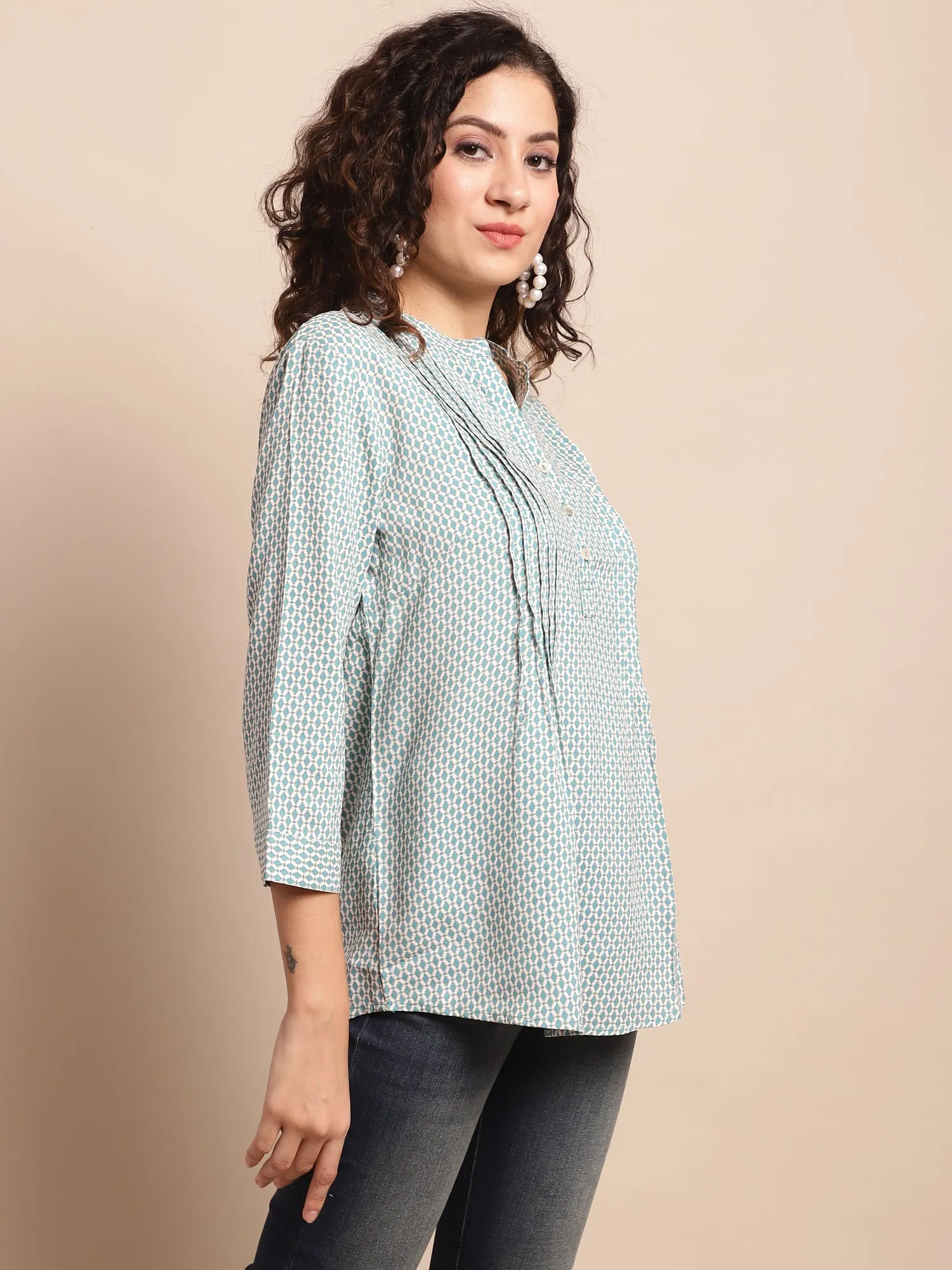 Women's Casual  Teal Blue Ditsy Print Mandarin Collar Tunic