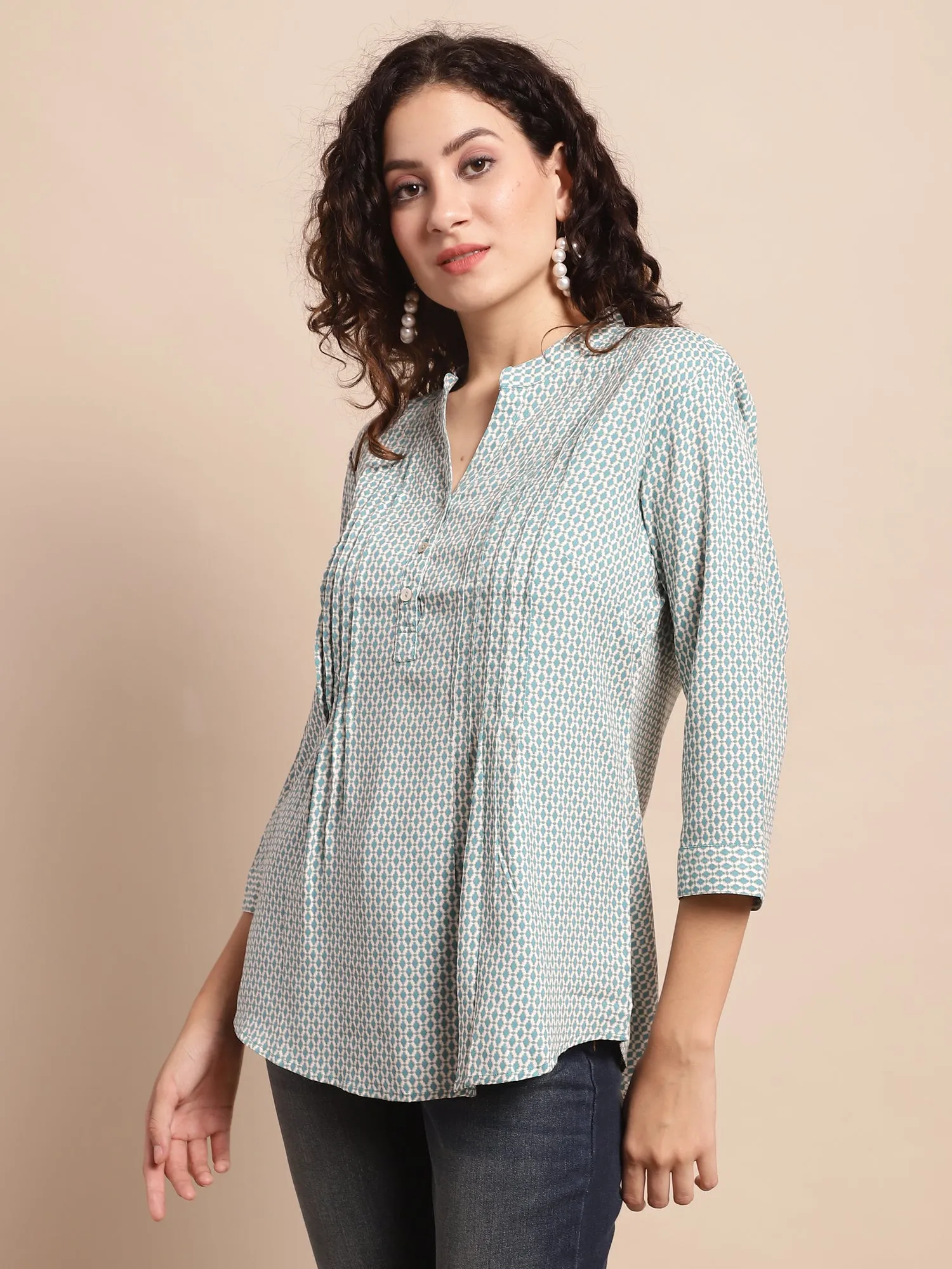Women's Casual  Teal Blue Ditsy Print Mandarin Collar Tunic