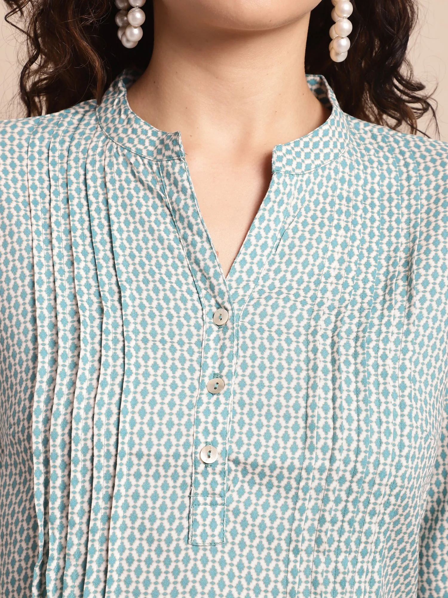 Women's Casual  Teal Blue Ditsy Print Mandarin Collar Tunic