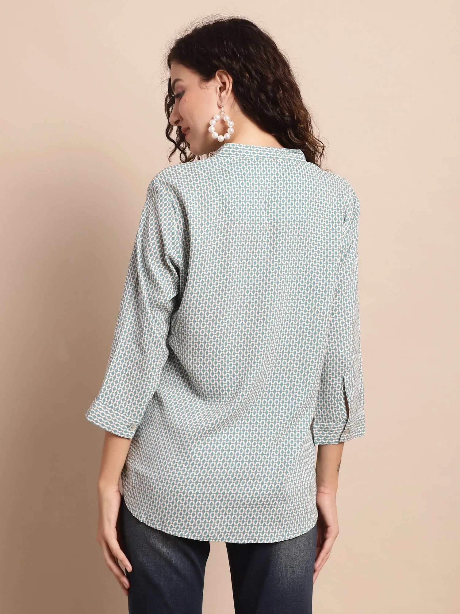 Women's Casual  Teal Blue Ditsy Print Mandarin Collar Tunic